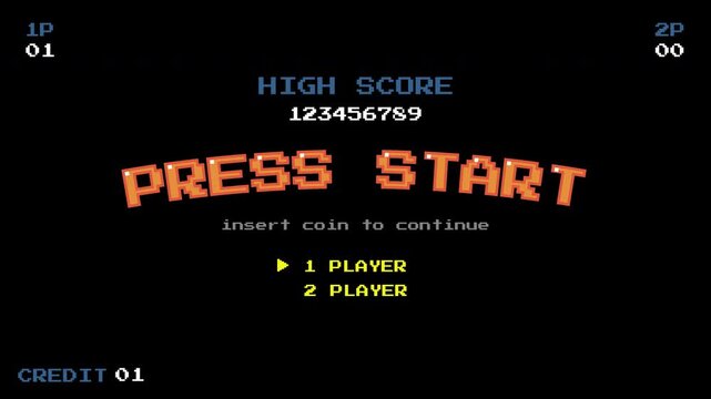 PRESS START INSERT A COIN TO CONTINUE. Retro Arcade Pixel Art Game Menu with High Score Display .pixel art .8 bit game. retro game. for game assets on black background