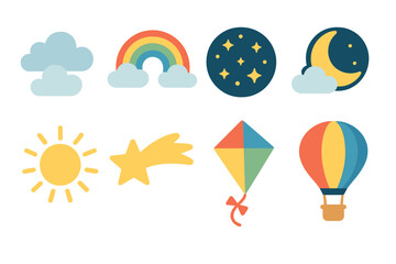 Colorful Sky Icons. Flat vector mini-illustrations sky beauty in colors children's illustrations: fluffy clouds, rainbow, starry