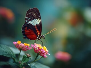 Naklejka premium A vibrant and delicate butterfly with striking black, white, and red wings gracefully rests upon a cluster of soft pink blossoms, showcasing nature's intricate beauty in a serene garden setting