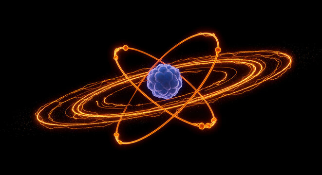 Stunning 3D Render of an Atom with Energetic Electrons in Orbit Illustrating Quantum Physics and Scientific Concepts with Vibrant Colors and Detail