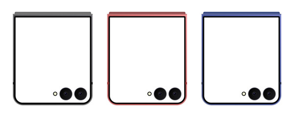 Three modern foldable smartphones mockup in closed position, in various colors, showcasing a sleek and minimalist design for digital mockups
