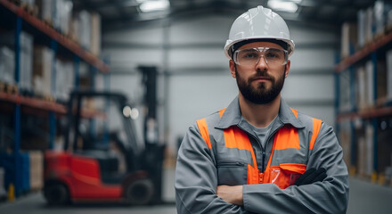 Confident warehouse worker with arms crossed, standing in a large industrial facility with forklift in background, ready for hard work and success.