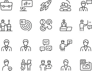 business icons set, communication symbols, teamwork, presentation, technology, corporate people, office work, leadership, strategy, networking, professional skills, vector line art