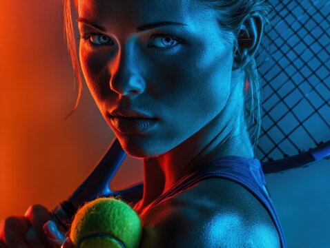 Neon portrait female tennis player with racket and ball. Concept of sports advertising, modern lifestyle, focus, power, fitness, fashion and futuristic energy.