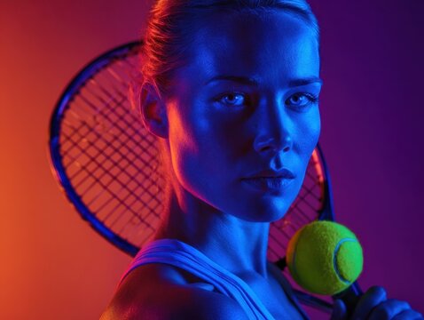 Neon portrait female tennis player with racket and ball. Concept of sports advertising, modern lifestyle, focus, power, fitness, fashion and futuristic energy.