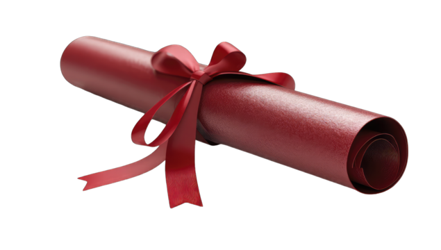 Rolled-up diploma with red ribbon