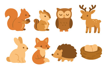 Fototapeta premium Cute Animal Icons. Flat vector mini-illustrations fall wildlife in colors children's illustrations: squirrel, chipmunk, owl, deer,
