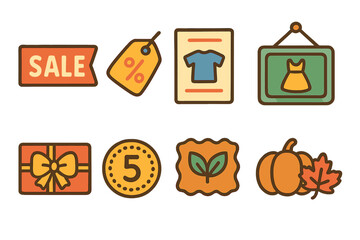 Cute Boutique Icons. Flat vector mini-illustrations boutique promotional elements in colors children's illustrations: sale banner,