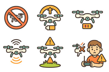 Drone Safety Icons. Flat vector mini-illustrations drone safety in colors children's illustrations: no-fly zone, altitude limit,