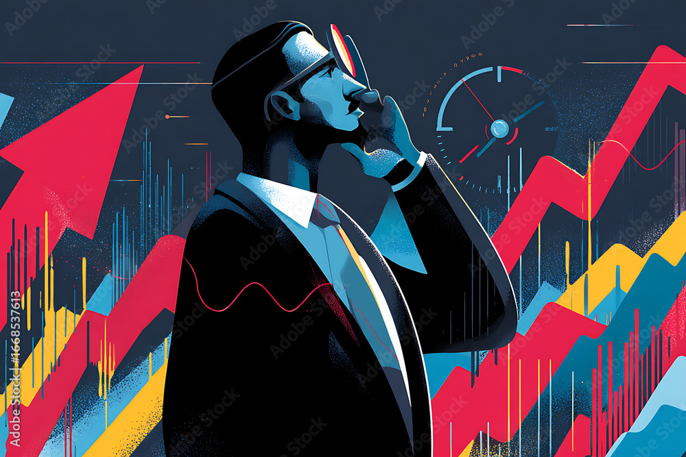 Poster businessman analyzing data trends with graphs and charts in a dynamic digital environment