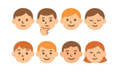 Emotional Faces Grid. Flat vector mini-illustrations wisdom in emotions in colors children's illustrations: calm face, thoughtful