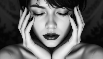 Fototapeta premium Beautiful girl with short hair in black and white style. The facial expression is deep concentration or meditation. It is ideal for illustrations related to emotions, beauty and self-discovery.