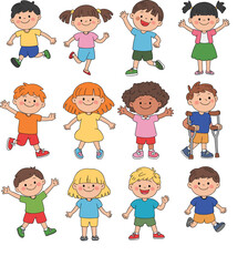 Cartoon children smiling, waving, jumping, diverse group, colorful clothes, joyful expressions, inclusive characters, happy kids, vector illustration, playful poses