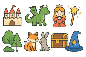 Fairy Tale Icons. Flat vector mini-illustrations fairy tales in colors children's illustrations: castle, dragon, princess, magic
