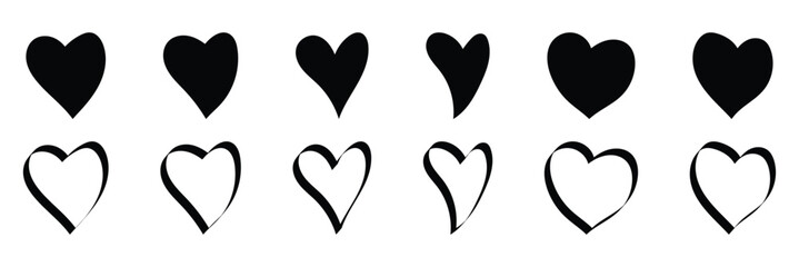 Vector isolated hearts set black and white, filled and outline silhouette. Heart doodle icon set. Hearts sketchy valentine collection