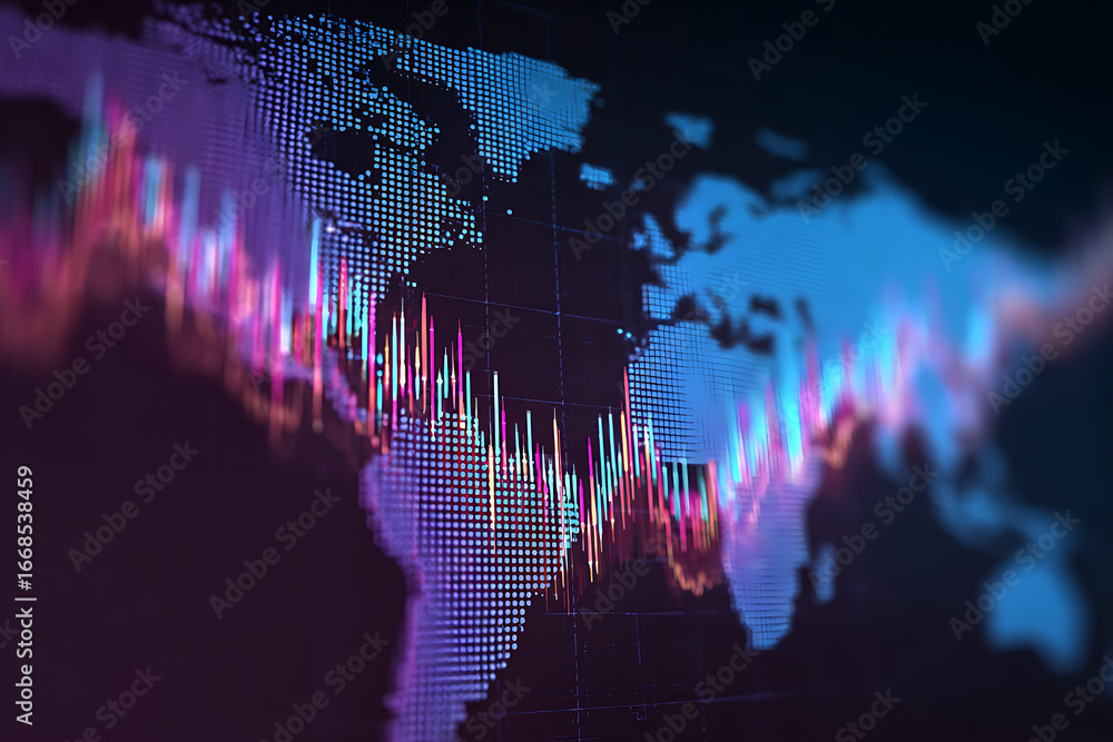 Aufkleber vibrant digital world map with dynamic soundwave patterns illustrating global data flow
