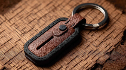 Leather key fob with black trim and brown texture on wooden surface.