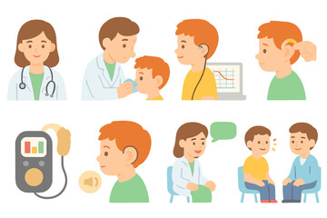 Hearing Aid Process. Flat vector mini-illustrations hearing aid fitting in colors children's illustrations: audiologist, ear