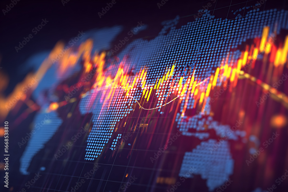 Poster abstract digital world map with stock market trends and vibrant data visualization
