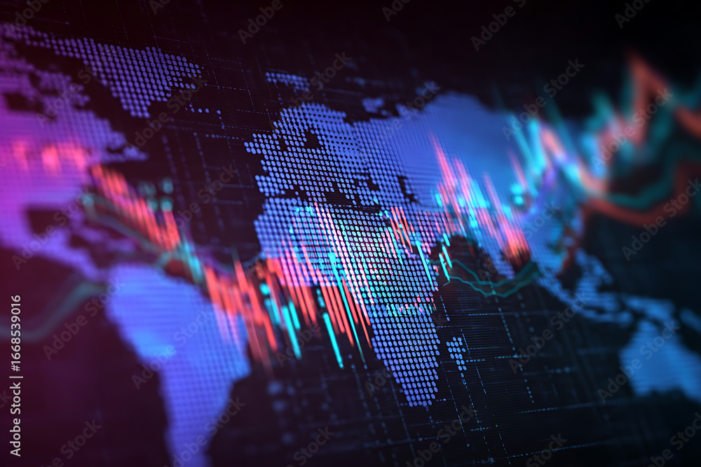 Poster abstract representation of global financial data with colorful graphs and a world map backdrop