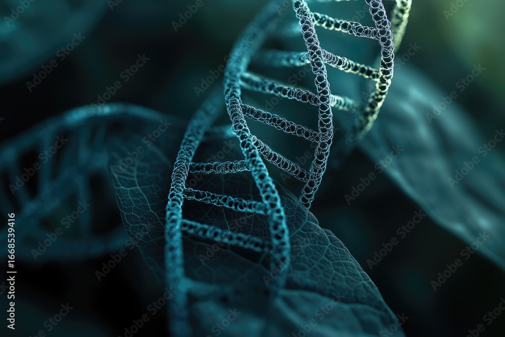 Aufkleber a close-up of a dna double helix resting on a leaf, symbolizing the connection between genetics and 