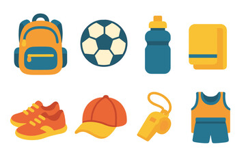 Kids Sports Gear. Flat vector mini-illustrations sports backpack in colors children's illustrations: backpack, soccer ball, water