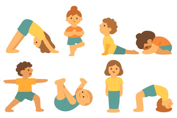 Kids' Yoga Poses Grid. Flat vector mini-illustrations yoga poses for kids in colors children's illustrations: downward dog, tree