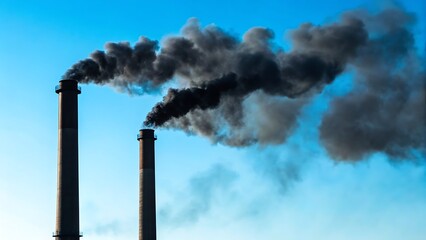 Two smokestacks emitting dark smoke against clear blue sky. Suitable for environmental, pollution, industrial, climate change concepts and designs.