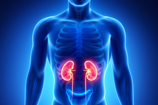 Human anatomy internal organs glowing kidneys blue body image