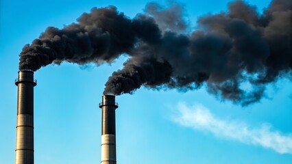 Industrial smokestacks releasing dark smoke against blue sky. Suitable for environmental, pollution, industry concepts or backgrounds in design projects.