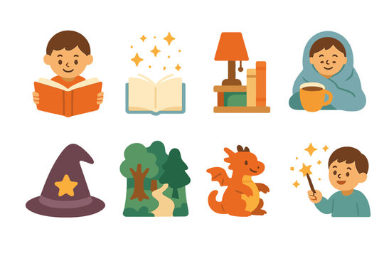Magical Children's Icons. Flat vector mini-illustrations story beginnings in colors children's illustrations: child opening book,