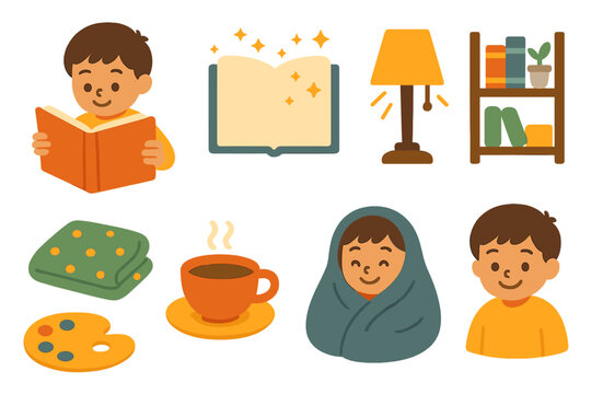 Magical Children's Icons. Flat vector mini-illustrations story beginnings in colors children's illustrations: child opening book,