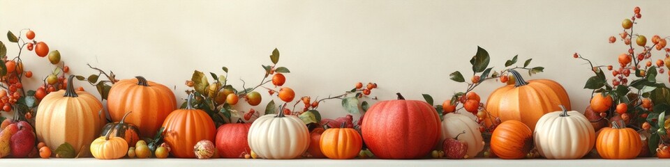 Beautiful autumn display featuring pumpkins gourds berries and leaves for a festive thanksgiving decoration