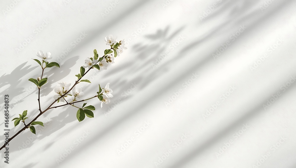 Poster elegant branch with white flowers casting shadows on a white textured wall, creating a serene and mi