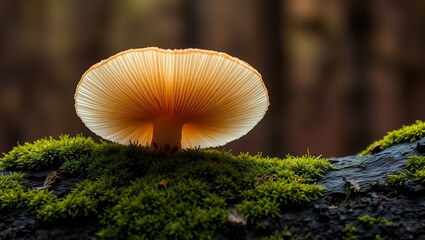 Enchanted Mushroom: A captivating image showcases a solitary mushroom, gracefully perched amidst vibrant green moss on a dark log. Bathed in soft light, the mushroom exudes an aura of delicate beauty.