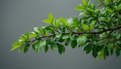 Close up of a tree branch with green leaves against a gray background in a natural light setting