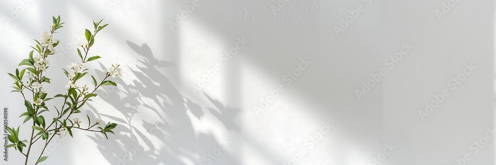 Poster minimalist spring scene featuring a flowering branch casting shadows on a white wall, creating a fre