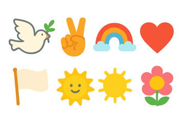 Peaceful Symbols Grid. Flat vector mini-illustrations symbols of peace in colors children's illustrations: dove, olive branch,