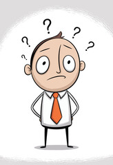 Cartoon confused businessman, question marks, worried expression, office attire, vector illustration, doubt concept, thinking pose, professional character, stress theme