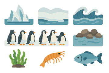 Naklejka premium Penguin and Albatross Icons. Flat vector mini-illustrations penguin environment in colors children's illustrations: icebergs,