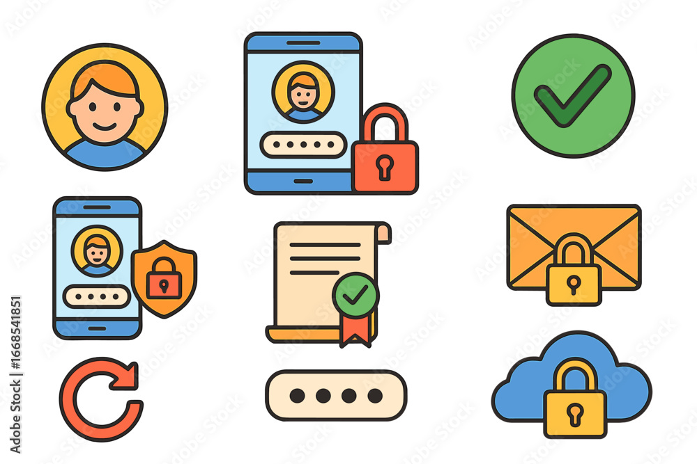 Poster security icons grid. flat vector mini-illustrations authentication concepts in colors children's ill