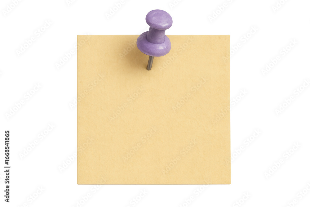 Aufkleber Blank yellow sticky note fastened by purple push pin on transparent background, creating space for customized messages and reminders