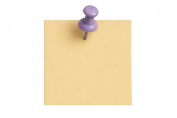 Blank yellow sticky note fastened by purple push pin on transparent background, creating space for customized messages and reminders