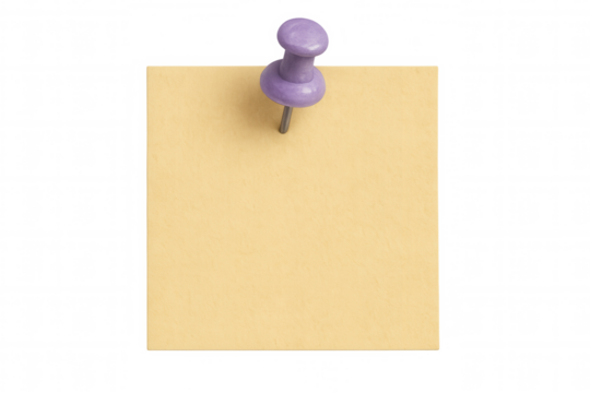 Blank yellow sticky note fastened by purple push pin on transparent background, creating space for customized messages and reminders