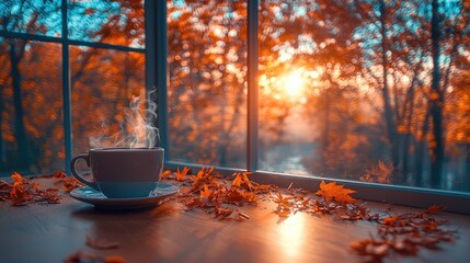 Steaming warm drink on wooden windowsill surrounded by vibrant autumn foliage with soft golden sunlight filtering through trees for seasonal branding, home decor inspiration.