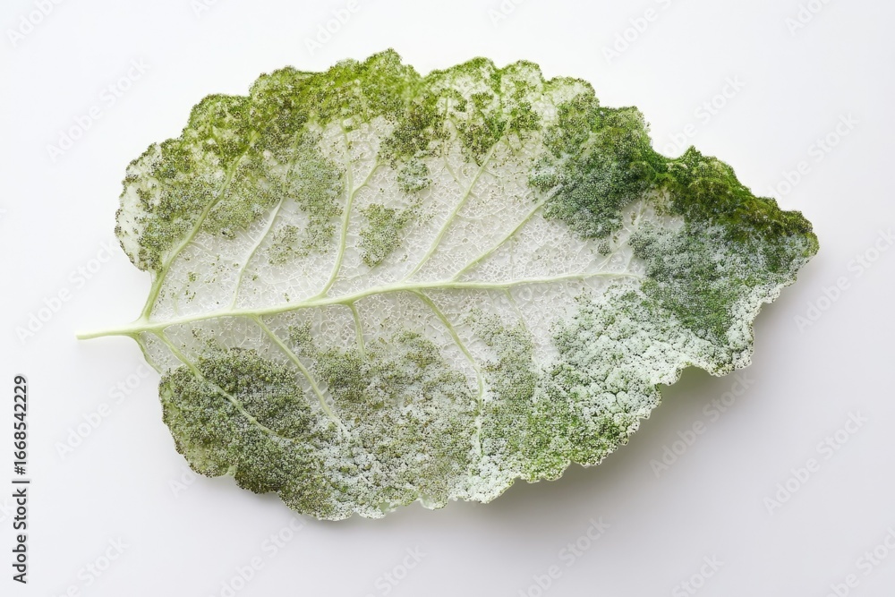 Poster a single, delicate leaf with a skeletonized structure, showcasing intricate vein patterns and a powd