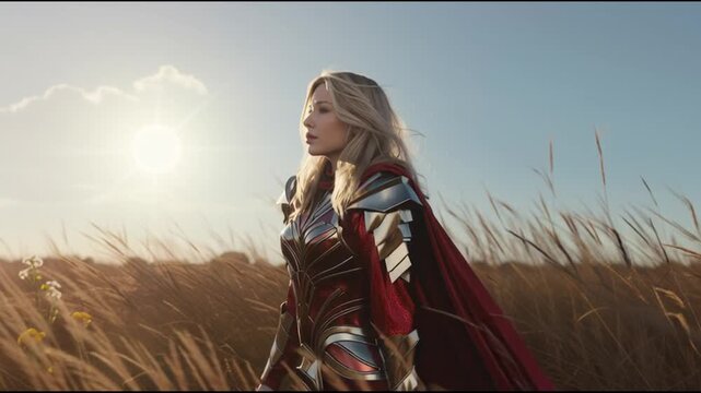 A cinematic scene low angle shot entire body visible photorealistic detailed face dramatic lighting of a human female blonde paladin chilling in a grassland during a beautiful late summer