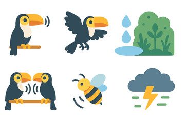 Fototapeta premium Toucan Jungle Sounds. Flat vector mini-illustrations toucan sounds in colors children's illustrations: toucan call, wing flapping,