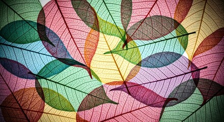 Colorful translucent skeleton leaves overlapping in a vibrant abstract pattern, showcasing intricate venation and a spectrum of hues against a bright backdrop