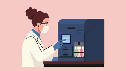 Scientist operating flow cytometer machine for blood cell analysis, wearing protective mask and gloves in laboratory environment. Flat vector illustration